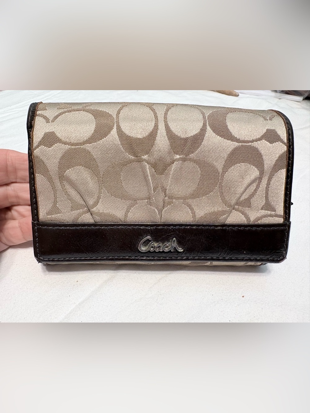 Coach Beige Signature Canvas Wristlet with Dark Brown Trim